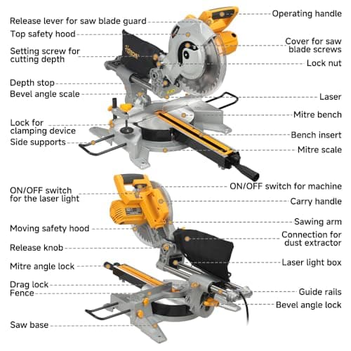Hoteche 10-Inch Sliding Compound Miter Saw 15-Amp Single Bevel Power Chop Saw with Laser Guide for Wood and Metal Working