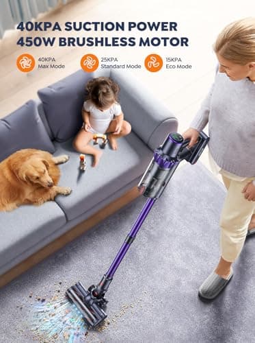 Cordless Vacuum Cleaner, 2 Batteries 110 Mins Runtime Vacuum Cleaners for Home, 40KPA 450W Stick Vacuum with Brushless Motor, Automatically Adjust Suction, Handheld Vacuum for Pet Hair/Carpet/Floor