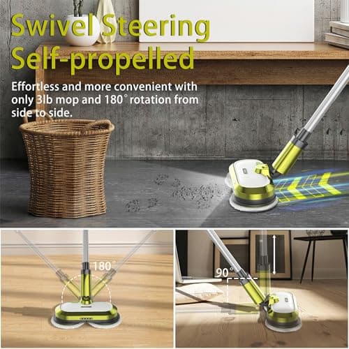 Cordless Electric Mop, Electric Spin Mop with LED Headlight and Water Spray, Up to 60 mins Powerful Floor Cleaner with 300ml Water Tank & Detachable Battery, Super Quiet Cleaning & Waxing