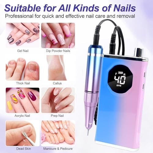 Electric Nail Drill File Professional 40000 RPM, Melodly Rechargeable Electric Nail File Machine Kit for Acrylic Gel Nails Polishing Removing, Portable Cordless Efile with Gold Bits Kit at Salon Home