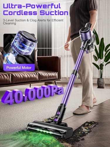 Cordless Vacuum Cleaner, 10 in 1 Stick Vacuum with Powerful Suction, Hose, Green LED Light, Anti-Tangle Brush, Lightweight Rechargeable Vacuum Cleaner for Home, Hardwood Floors, Carpets