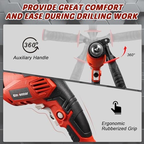 Enventor 7.5 Amp Hammer Drill, 1/2 Inch Electric Drill Hammer, 900W 0-3000RPM Variable Speed, 360° Auxiliary Handle, Lightweight Corded Hammer & Drill 2 in 1 Functions with 9pcs Bit for Metal, Wood