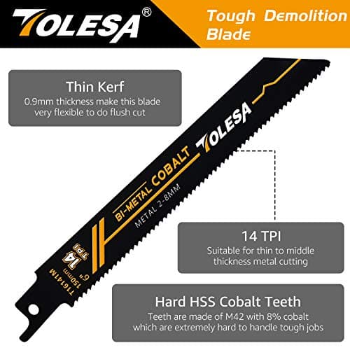 TOLESA Heavy Metal Cutting Reciprocating Saw Blades 6 Inch 14TPI for Pipe, Rebar, Bi-Metal Sabre Saw Blades 5 Pack