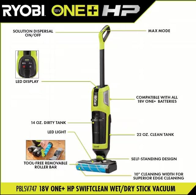 RYOBI ONE+ HP 18V Brushless Cordless Wet/Dry Stick Mop and Vacuum Kit with 4.0 Ah Battery and Charger