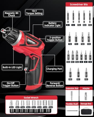 Cordless Electric Screwdriver Set, 8V 10Nm Rechargeable Power Electric Drill, Battery Screw Gun with Driver Bit, 320RPM/10+1 Torque, 2 Position Handle, Flexible Shaft LED Light (Red, 28Pcs)