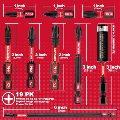 Impact Tough Phillips Bits PH1/PH2/PH3 Insert Driver Bits,19Pack Bulk Phillips Screwdriver Bits Set with 1Pcs Impact Bit Holder