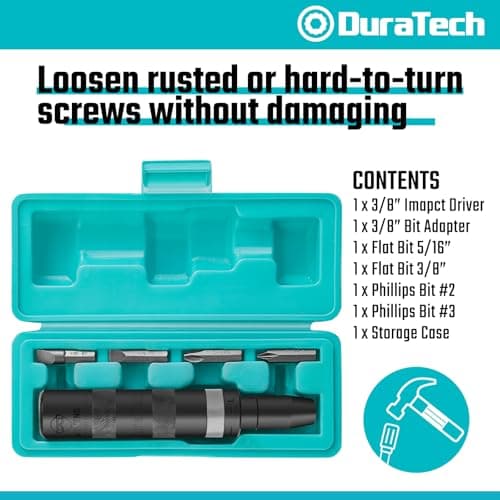 DURATECH 3/8 Inch Drive Manual Impact Driver, Reversible Hand Screwdriver Set, with S2 Steel Bits, 5-Piece, for Tighten/Rusted Fasteners, Organized in Storage Case
