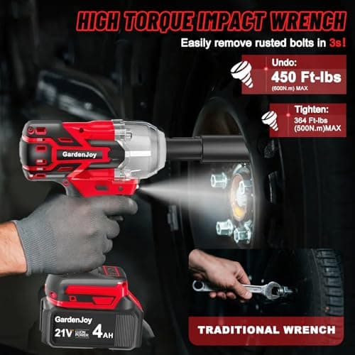 Cordless Impact Wrench 1/2 Inch, 21V Max Brushless, 450 Ft-lbs (600N.m) Max Torque, 3-Speed, w/ 4.0Ah Battery & Quick Charger, 6Pcs Impact Sockets - for Automotive Repair, Tire Changing, Home DIY