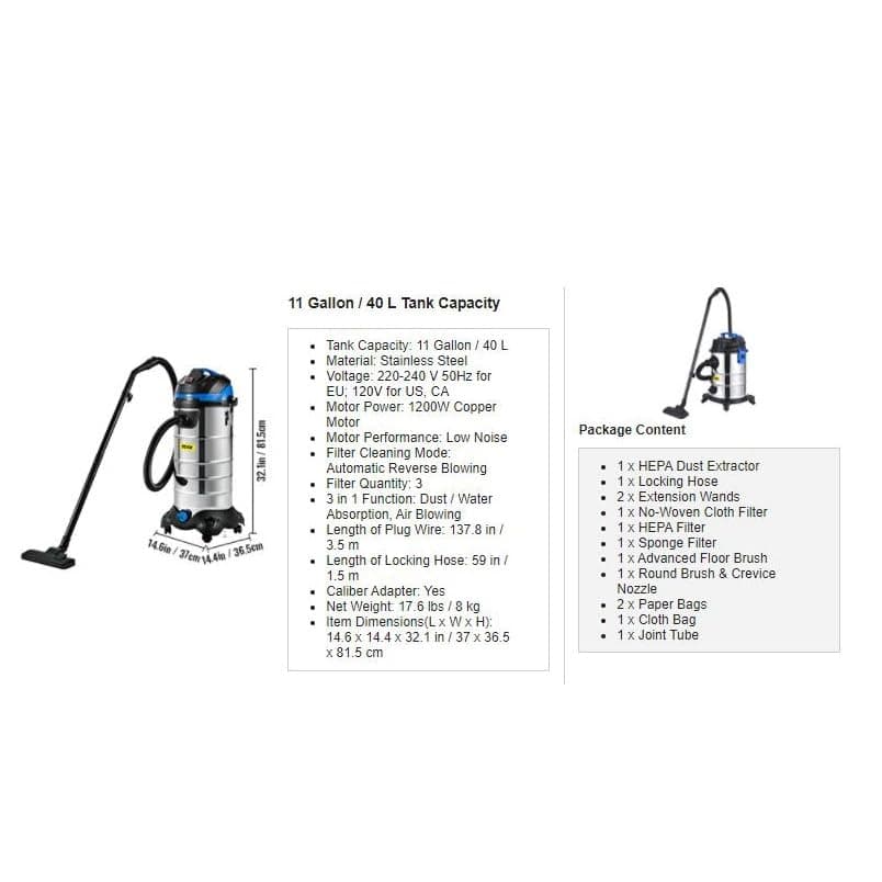 Dust Extractor Collector Wet & Dry 6.5-13.5 Gal. HEPA Filtration Systemfor Household and Jobsite Cleaning(11 Gallon (40 L))