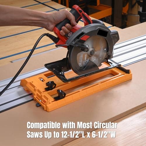 POWERTEC Universal Circular Saw Track Plate Compatible with Most Track Saw Guide Rails and Straight Edge Clamps, Tool-Free Mounting System, Adjustable Fence for Fast and Accurate Cuts (71993)