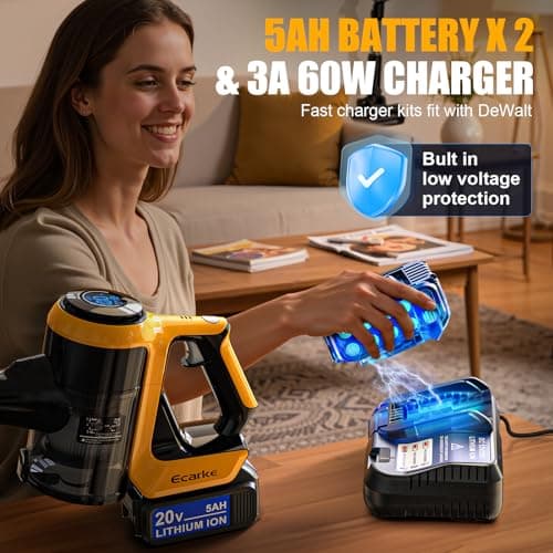 Cordless Stick Vacuum Cleaner Compatible with DeWalt Battery, 350W Brushless Motor, 30KPa Suction, 6-in-1 180° Bendable Wand, Smart Screen 2x5AH Batteries & Charger – Hardwood Floors