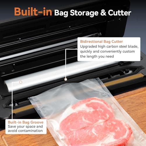 Vacuum Sealer Machine, Food Sealer Machine 80KPA Automatic 8-IN-1 for Food Saving Dry/Moist Mode with Build-in Cutter&Storage, Digital Countdown, Air Suction Hose, 2 Roll-Bags, 11 Vacuum Bags