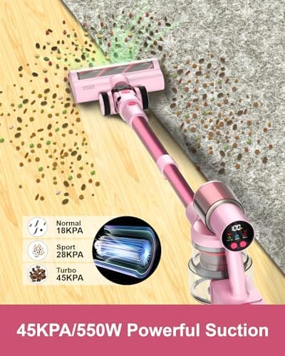 Pink Cordless Vacuum Cleaner, 45Kpa/550W/60 Mins Runtime Stick Vacuum with Self-Standing and Touch Screen, Anti-Tangle Wireless Vacumm, Vacuum Cleaners for Home/Pet Hair/Carpets/Floors