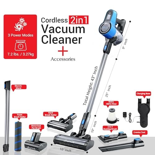 Sirena Proflex PetVac 2-in-1 Cordless Stick Vacuum Cleaner with Motorized Pet Brush for Pet Hair Removal, Multi-Surface Cleaning, and Portable Convenience