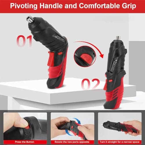 Cordless Power Screwdriver Electric Screwdriver Rechargeable Set, Battery Powered Screwdriver Kit Including 46pcs Bits, Pivoting Handle and LED Lights Small Drills Cordless (Red)