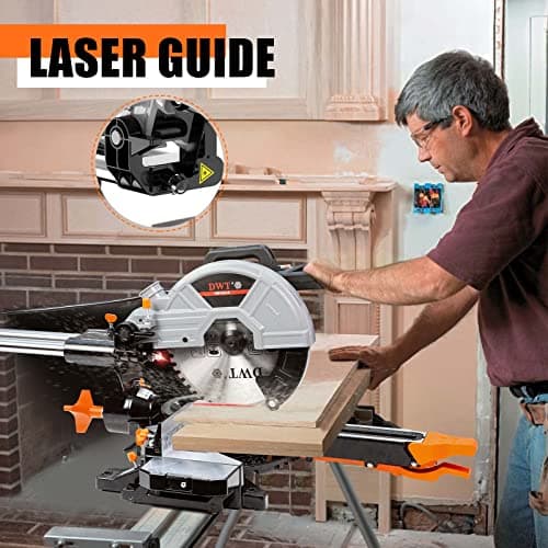 DWT Sliding Compound Miter Saw with 3 Blades, 15A 10", Double Speed (4500 RPM & 3200 RPM), Bevel Cut (0°-45°) with Laser, Extension Table, Iron Blade Guard, Cutting Wood, PVC or Soft Metal