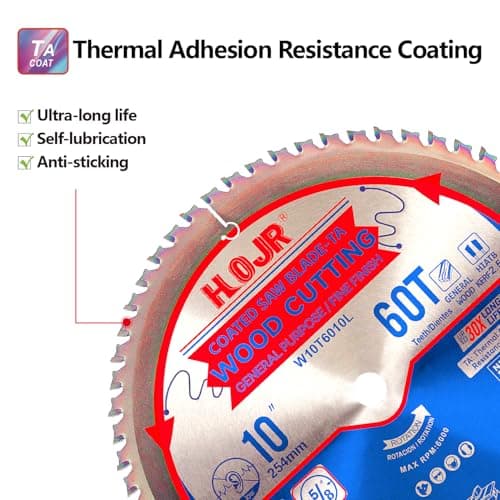 Circular Saw Blades Woodworking TA Series,10" 60-Tooth 5/8" Arbor, for Laminate, Melamine Board, Special Anti-Thermal Adhesion Coating on Cutting Edges -TA,High Finish,Long Life,W10 60T TA