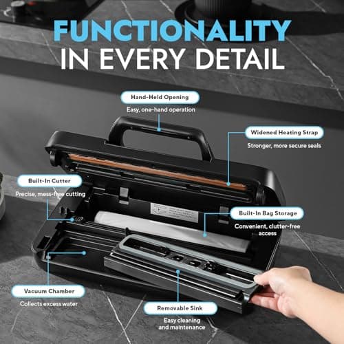 95Kpa Vacuum Sealer Machine for Food, 10-in-1 Presets with Sous Vide Mode, Double Heat Seal, Built-in Cutter & Bag Storage, Dry/Moist/Liquid, Compact Design, Easy-Lock Handle, Commercial Grade