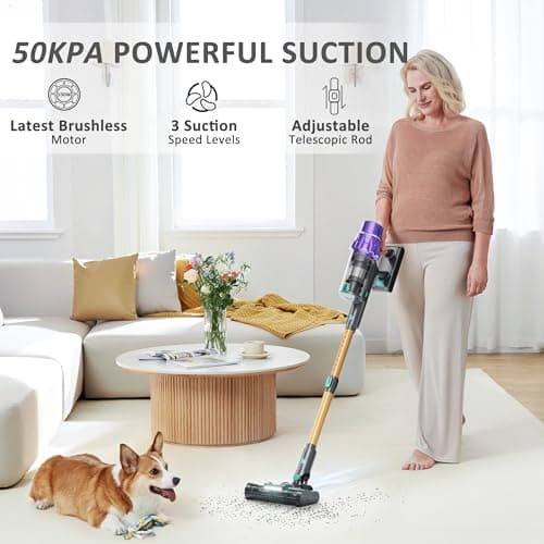 Cordless Vacuum Cleaner, 50KPA/70Mins Vacuum Cleaners for Home with Auto Dust Detection/LED Touch Display,Rechargeable Stick Vacuum,Self-Standing Vacuum,Handheld Vacuum for Carpet,Hard Floors,Pet Hair