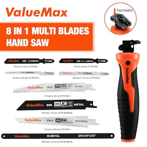 Valuemax 8-In-1 Multi-Blades Hand Saw, Quick-Change Mechanism Hacksaws with TPR Handle, CRV & Bimetal Blades, Drywall/Jab Saw, Handsaws for Wood, Metal, Plastic and Plywood
