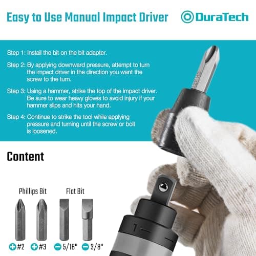 DURATECH 3/8 Inch Drive Manual Impact Driver, Reversible Hand Screwdriver Set, with S2 Steel Bits, 5-Piece, for Tighten/Rusted Fasteners, Organized in Storage Case