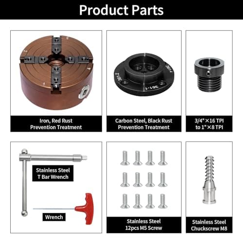4 Inch Wood Lathe Chuck Set 1"X8TPI Thread & 3/4"X16TPI Adapter, Self-Centering 4 Jaw Wood Turning Chuck