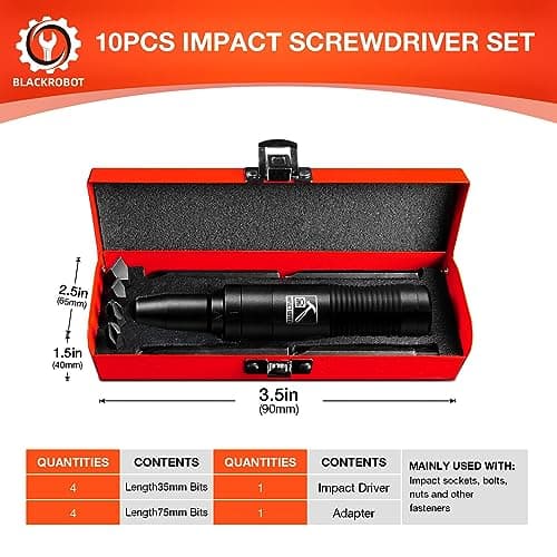 BLACKROBOT 1/2 Inch Drive Impact Screwdriver Set, CR-V, Hand Manual Reversible Impact Driver Set Extractor, 5/16 Inch Bit Adapter with S2 Steel Bits, 10PCS, Disengage Rusted Fasteners or Frozen Bolts