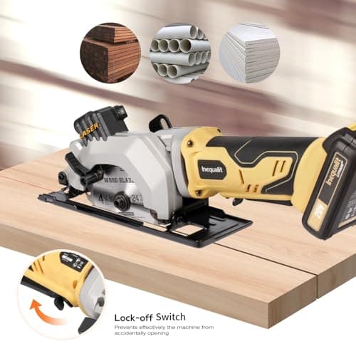 4-1/2 Inch Mini Circular Saw, 3400 RPM Cordless Circular Saw with Laser Guide, Rip Guides, 2 Blades (24T Wood + 60T Metal), Max Cutting Depth 1-11/16" (90°), 1-1/8" (45°)"