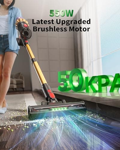 Cordless Vacuum Cleaner, Upgraded 550W 50KPA 60Mins, Vacuum Cleaners for Home, Self-Standing Cordless Vacuum with Brushless Motor, Green Dust Revealing Lamp for Sofa/Pet Hair/Hard Floors/Carpet
