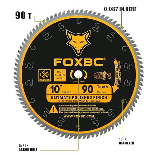 FOXBC 10 Inch Saw Blade 90-Teeth Ultimate Polished Finish Saw Blade for Wood, 5/8-Inch Arbor