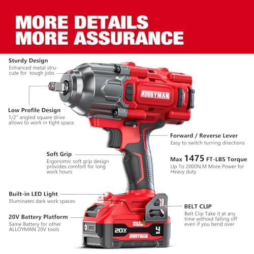 Alloyman Cordless Impact Wrench, 1475Ft-lbs (2000N.m) 1/2 High Torque Brushless Impact Gun, 20V Power Impact Driver, 4000mAh Battery,3 Sockets, Brushless Motor Variable Speeds for Car/Truck RV/Mower