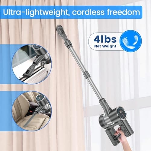 Cordless Vacuum Cleaner, 350W 35KPA 100Mins Runtime Powerful Stick Vacuum for home with Self-Standing, Touch Screen, Rechargeable Handheld Vacuum for Home/Pet Hair/Carpets/Hard Floors(2 Batteries)