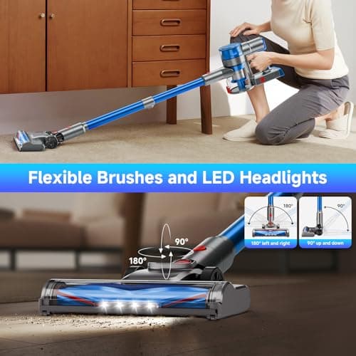 Cordless Vacuum Cleaner for Home, Powerful Stick Vacuum Cleaner with Rechargeable Battery, 6 in 1 Lightweight Handheld Vacuum, 45 Mins Runtime Cordless Vacuum for Hardfloor & Carpets Pet Hair,Blue