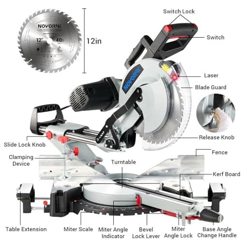 Double Bevel Compound Sliding Miter Saw, Double-Bevel Corded Miter Saw with Laser Guide & 15-Amp Heavy-Duty Motor, Sliding Miter Saw with TCT Saw Blade for Woodworking (12")