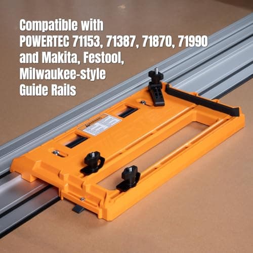 POWERTEC Universal Circular Saw Track Plate Compatible with Most Track Saw Guide Rails and Straight Edge Clamps, Tool-Free Mounting System, Adjustable Fence for Fast and Accurate Cuts (71993)