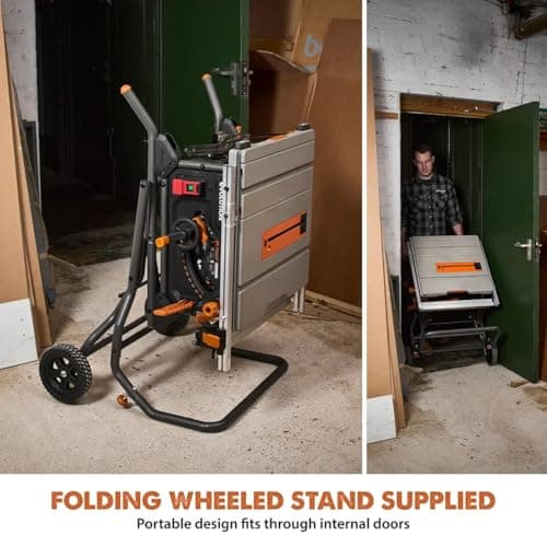 Evolution R10TBLX 10" Jobsite Table Saw with Wheeled Scissor Stand | 15A Motor | Multi-Material Cutting | 10" Blade | 26” Rip | 3-3/8” Depth | 0-45º Bevel | Precision Fence | Portable & Heavy-Duty