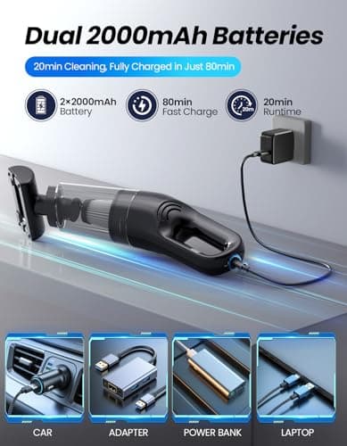 Cordless Vacuum Handheld, Car Vacuum Cleaner Portable for Pet Hair Small Household Vacuums with Powerful 10000pa Strong Suction Rechargeable for Car Home Couch Floor Cleaning Black