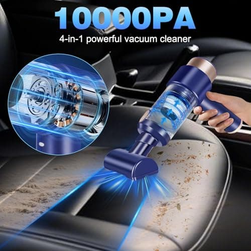 Handheld Car Vacuum Cleaner Rechargeable Mini Vacuum Cleaner with Led 4-in-1 Aspiradora para Carro High Power Hand Held Vacuum Portable Cordless for Car, Home, Pet, Office（Blue）