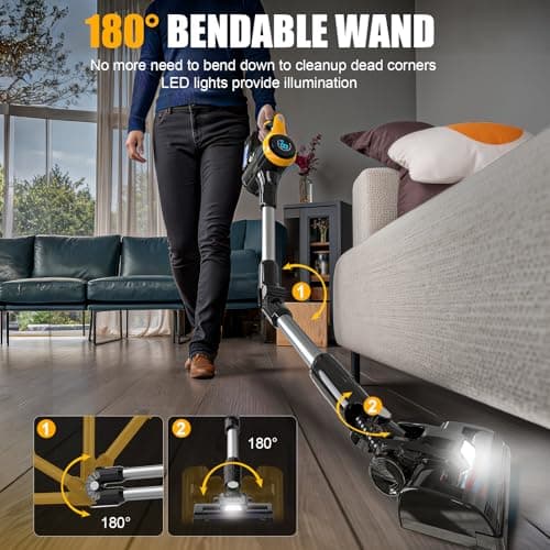 Cordless Stick Vacuum Cleaner Compatible with DeWalt Battery, 350W Brushless Motor, 30KPa Suction, 6-in-1 180° Bendable Wand, Smart Screen 2x5AH Batteries & Charger – Hardwood Floors
