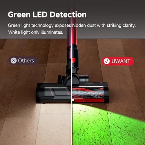 uwant Cordless Vacuum Cleaner 35Kpa Powerful Suction Wide Green Headlight Vacuum Cleaner for Home Pet Hair Anti-Tangle HEPA Lightweight Handheld Vacuum for Carpet Hard Floors (Black)
