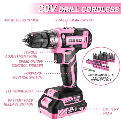 DEKOPRO Pink Drill Tool Kit Set: 20V Cordless Power Drill Tool Box with Battery Electric Drill Driver for Men Home Hand Repair Basic Toolbox Tools Sets Drills Case, DKMT186-GP