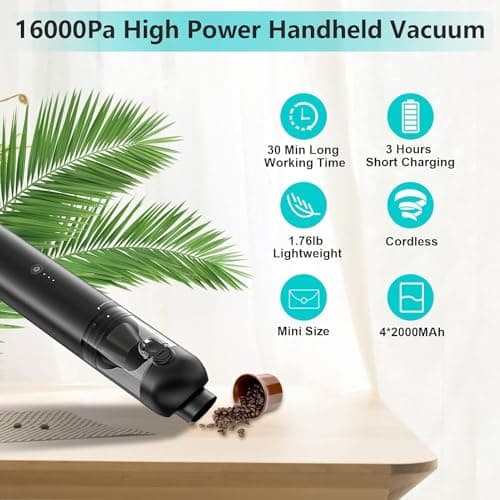 Car Vacuum Portable Cordless, 4-in-1 Handheld Vacuums Cordless, 16,000PA Strong Suction Portable Vacuum for Car, One-touch to Empty, Lightweight Air Dust Buster for Travel, Office, Pet Hair & Home