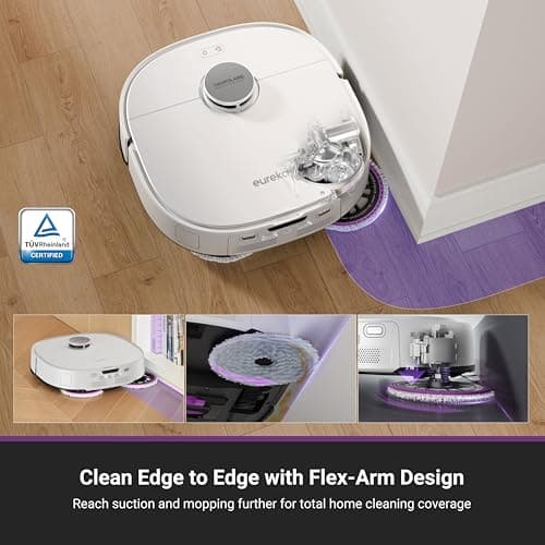 Eureka J15 Pro Ultra Robot Vacuum and Mop with Self Emptying Base, 16,200 Pa Suction, Flex-Arm Design Mop, Auto Mop Hot Water Washing & Hot Air Drying, Anti-Tangle, AI Obstacle Avoidance, White