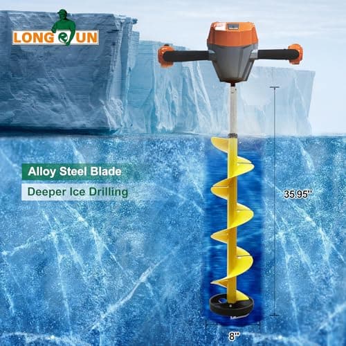 Nylon 8 Inch Ice Auger, 35.95 Inch Extended for Drilling Deep Ice Fishing Holes, Durable Polymer Auger Drill Bit for Ice Post Hole Digger w/Sharp Blade & Cover, Ice Auger Adapter with Handle-Yellow