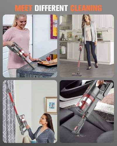 Cordless Vacuum Cleaner, 85,000PRM Upgraded Dual Suction Cordless Stick Vacuum up to 35mins Runtime, Lightweight Rechargeable Vacuum for Home (Grey Red)