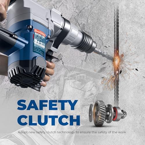 Dong Cheng 1-1/8 Inch SDS-Plus Rotary Hammer Drill with Safety Clutch, 9.2 Amp Heavy Duty Corded Demolition Hammer for Concrete, 3.6 Joules, Including 3 Drill Bits, Flat Chisels and Point Chisels