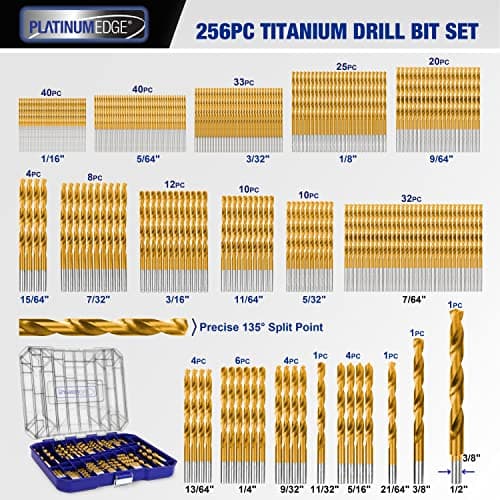 276pc Titanium Twist Drill Bit Set with S2 Bits 135° Tip High Speed Steel, Size from 1/16" up to 1/2", Ideal in Wood Cast Iron Aluminum Alloy Plastic Fiberglass, Clear Lid Case