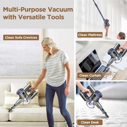 Vacuum Cleaners for Home, 80,000PRM Powerful Motor Cordless Vacuum with Removable 2200mAH Battery up to 35 Mins Worktime, 2 Adjustable Modes and Detachable Parts Stick Vacuum (Sandy Blue)