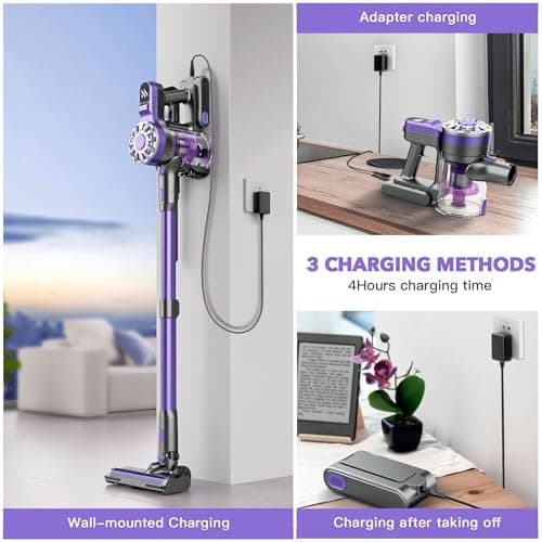 Cordless Vacuum Cleaner for Home with Powerful Suction,Lightweight Stick Vacuum Cordless Rechargeable with 35 Mins Runtime, Hardwood Floor Vacuum for Pet Hair,Carpet,Tile(Purple)