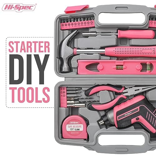 Hi-Spec 35pc Pink Tool Kit with 3.6V USB Electric Screwdriver and Drill Set. Complete Women Tool Set